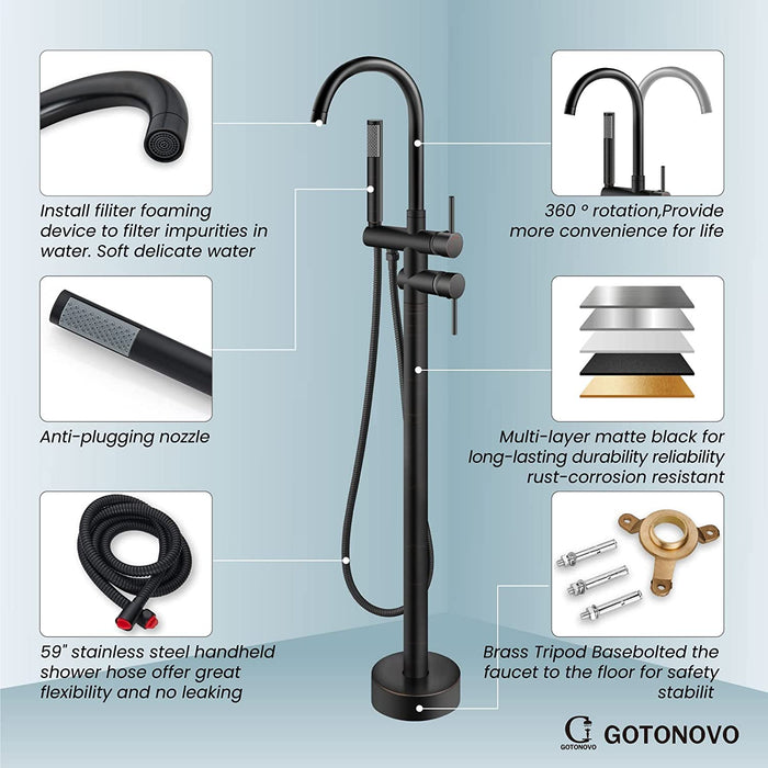 gotonovo Freestanding Bathtub Filler Oil Rubbed Bronze Floor Mounted Tub Faucet with Hand Held Shower High Flow Brass Mixer Taps Swivel Spout
