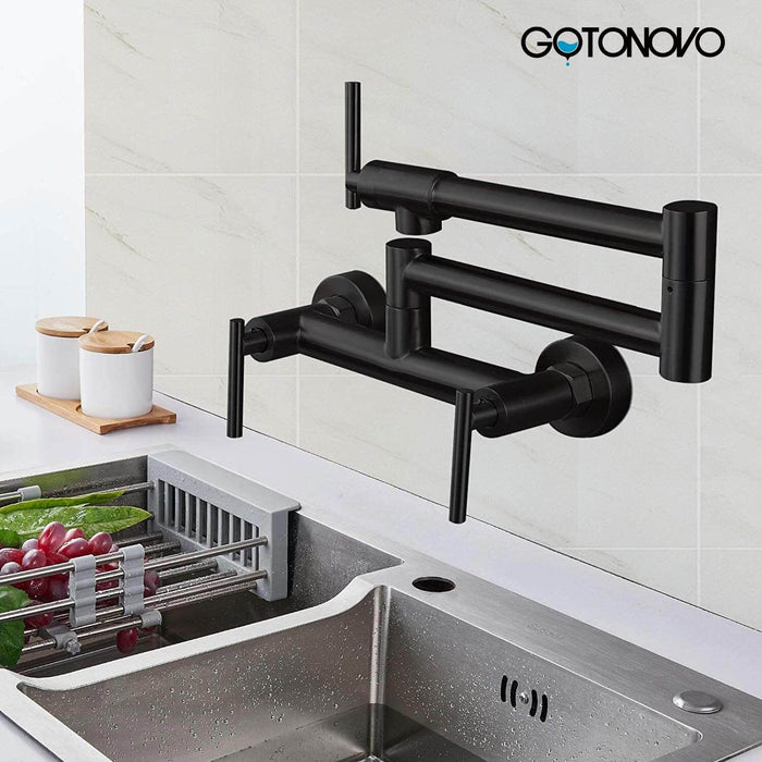 gotonovo Matte Black Pot Filler Faucet for Both Hot Cold Water Folding Kitchen Faucet Wall Mount Commercial Restaurant 8 Inch Spacing Three Handles Stainless Steel Mixer Tap with Double Joint Swing Arm