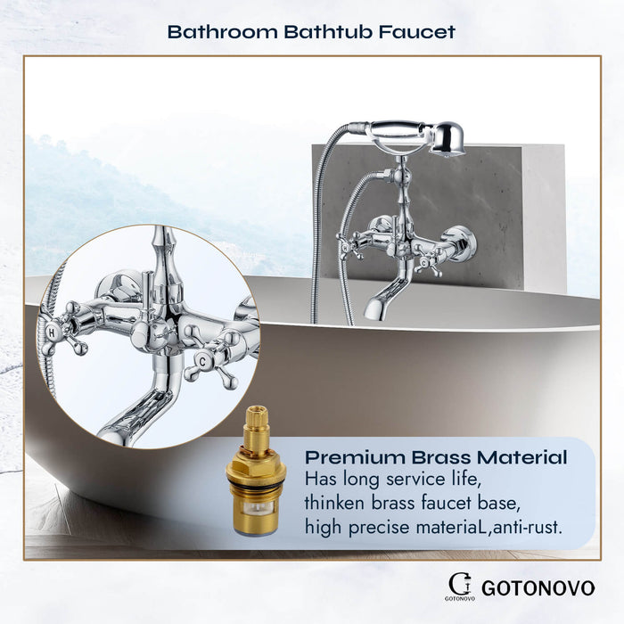 gotonovo Wall Mount Bathroom Bathtub Faucet Set Vintage with Hand Held Shower Spray Double Cross Handle 2 Functions 360 Swivel Mixer Tub Spout