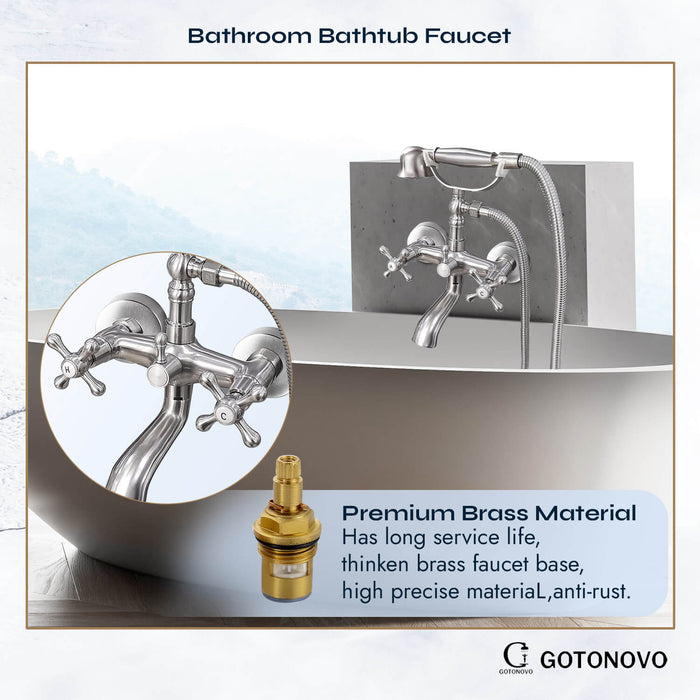 gotonovo Wall Mount Bathroom Bathtub Faucet Set Vintage with Hand Held Shower Spray Double Cross Handle 2 Functions 360 Swivel Mixer Tub Spout