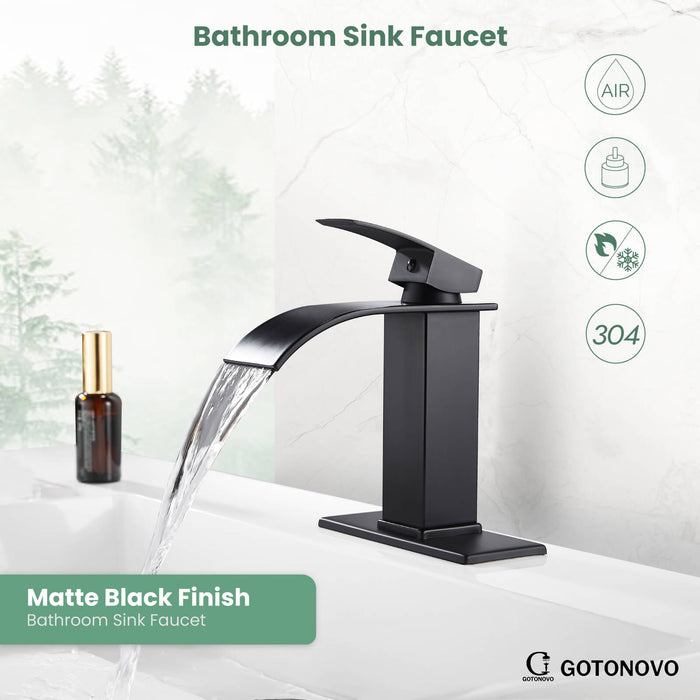 gotonovo Waterfall Bathroom Sink Faucet Deck Mount 304 Stainless Steel 1 Hole Single Handle Hot and Cold Mixer Tap(2 styles-without Pop Up Drain & with Pop Up Drain)