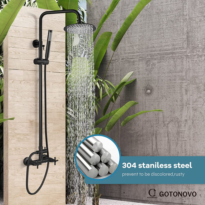 gotonovo Outdoor Shower Faucet SUS304 Shower Fixture System Combo Set Double Cross Handle Rainfall Shower Head High Pressure Hand Spray Wall Mount 2 Function 8 inch