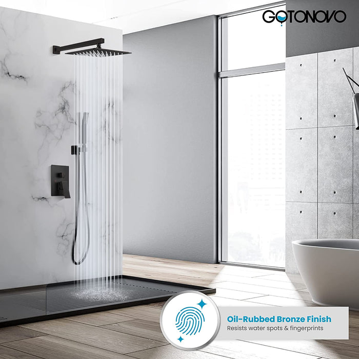 gotonovo 10 inch Rainfall Shower System Oil Rubbed Bronze with pressure balance valve and Hand Held Square Shower Head Wall Mount Bathroom Luxury Rain Mixer Shower Complete Combo Set