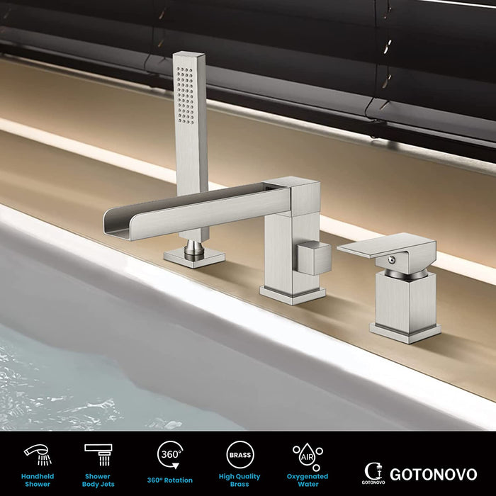 Gotonovo Waterval Romeinse badkuipkraan Tub Filler 3-gats dekmontage Enkele handgreep Wijdverspreide badkuipkraan met handdouche Badkamerkraan