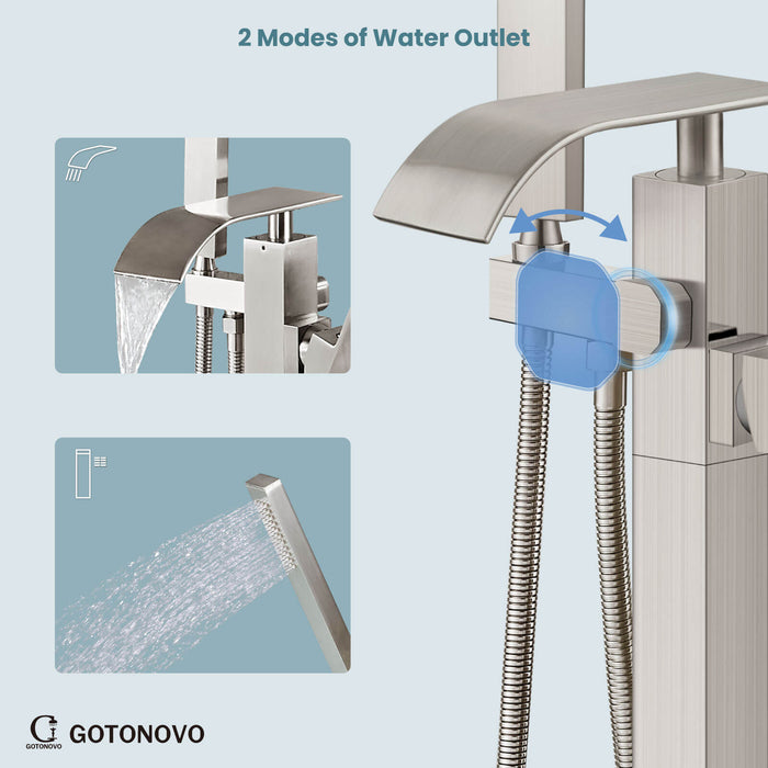 gotonovo Freestanding Tub Filler Waterfall Bathtub Faucet Floor Mount Single Handle Brass Tub Faucets with Handheld Shower Swivel Spout