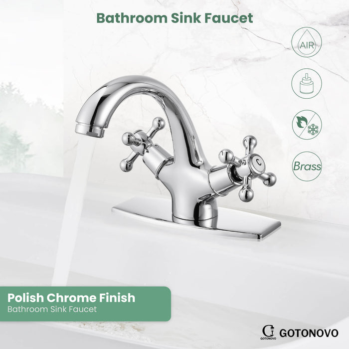 gotonovo Bathroom Sink Faucet with Pop up Drain with Overflow Double Cross Handle Single Hole Deck Mount Vanity Basin Cold Hot Lavatory Mixer Tap