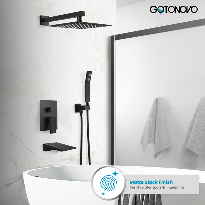 Gotonovo Rain Shower Combo Set with Waterfall Tub Spout Square Rainfall Shower Head with Handheld Spray Pressure Balance Rough-in Valve and Trim Included