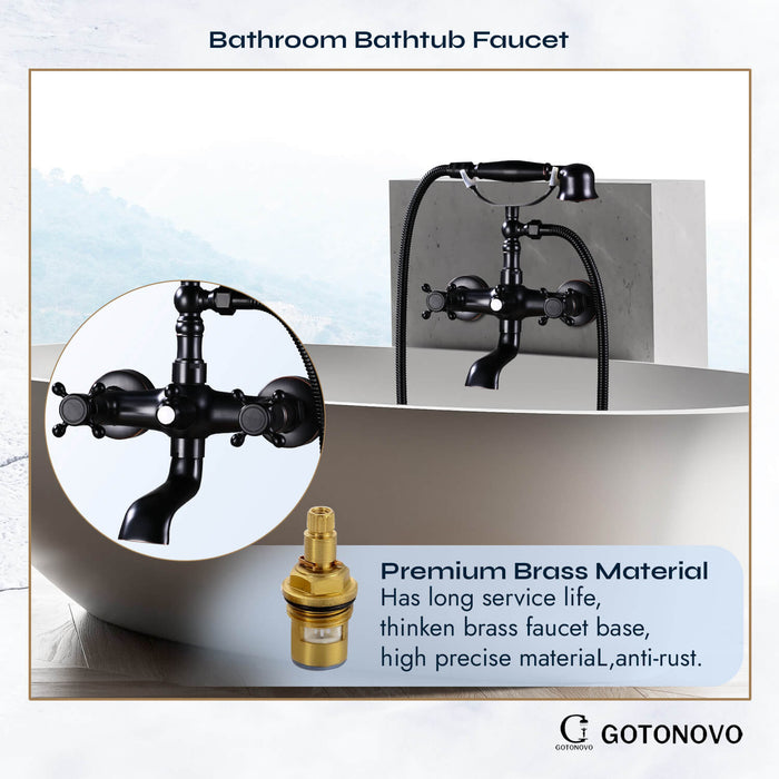 gotonovo Wall Mount Bathroom Bathtub Faucet Set Vintage with Hand Held Shower Spray Double Cross Handle 2 Functions 360 Swivel Mixer Tub Spout