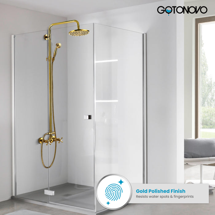 Gotonovo Exposed Shower System 8 Inch Rainfall Shower Head with Handheld Spray Dual Cross Knobs Mixer Bathroom Shower Combo Set Wall Mount