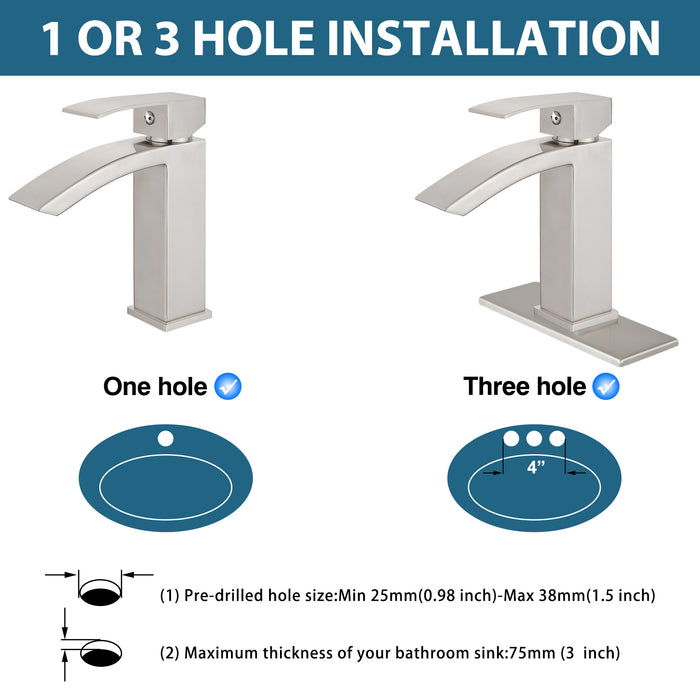 Waterfall Bathroom Faucet Single Hole 1 Handle Sink Faucet Lavatory Vessel Stainless Steel Sink Mixer Tap with Deck Plate and Rectangular Spout Pop Up Drain Stopper Included