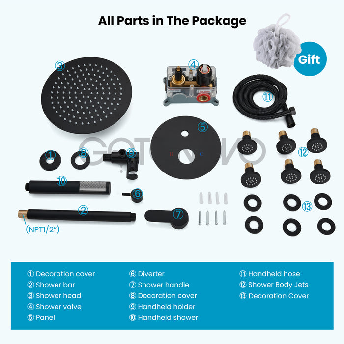 Gotonovo Rain Shower Combo Set Ceiling Mounted Matte Black 12-inch Round Rain Shower Head with Body Spray Jets and Brass Handheld Shower Pressure Balance Rough-in Valve and Trim Included