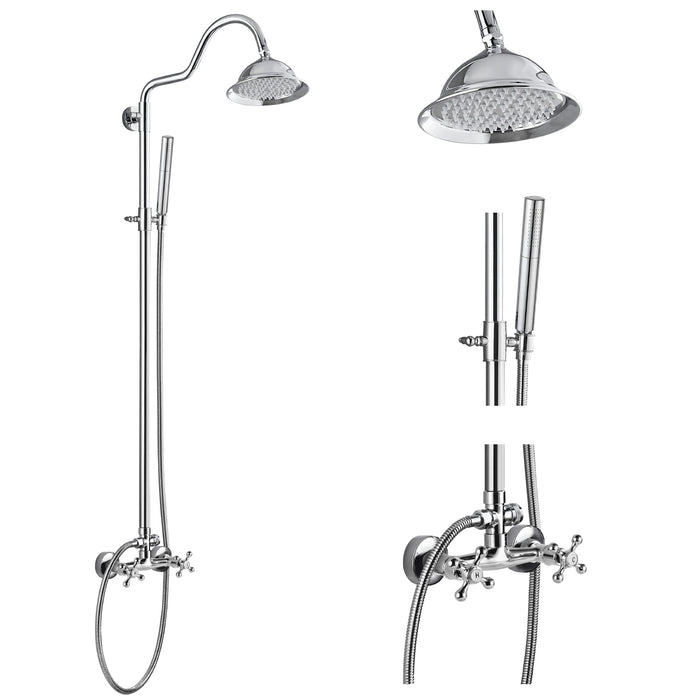 gotonovo Rain Shower Head 8 inch Bell Shaped Exposed Bathroom Shower Faucet System Set with 2 Dual Knob Cross 2 in 1 Adjustable Cylindrical Hand Sprayer