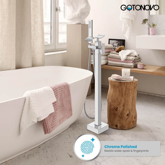 gotonovo Freestanding Bathtub Faucet Floor Mount Waterfall Tub Filler Brass Tap with Hand Shower and 360 Degree Swivel Spout Single Handle