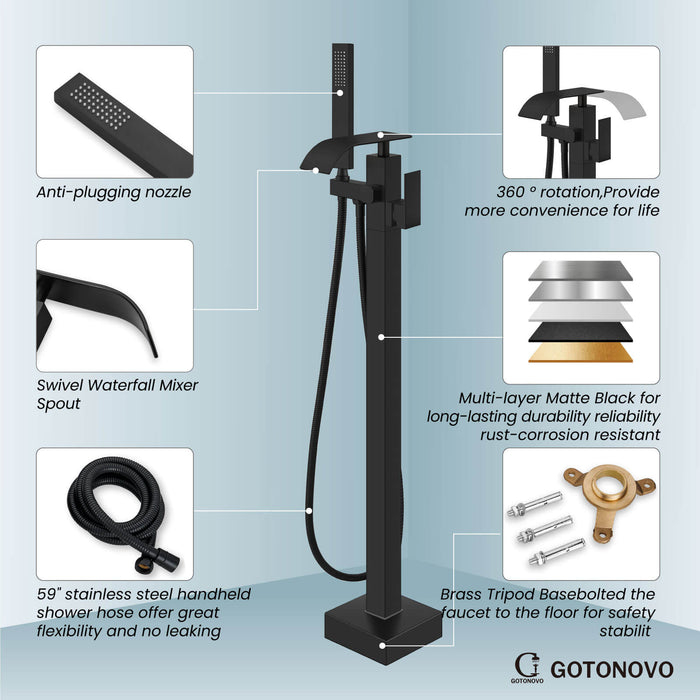gotonovo Freestanding Tub Filler Waterfall Bathtub Faucet Floor Mount Single Handle Brass Tub Faucets with Handheld Shower Swivel Spout