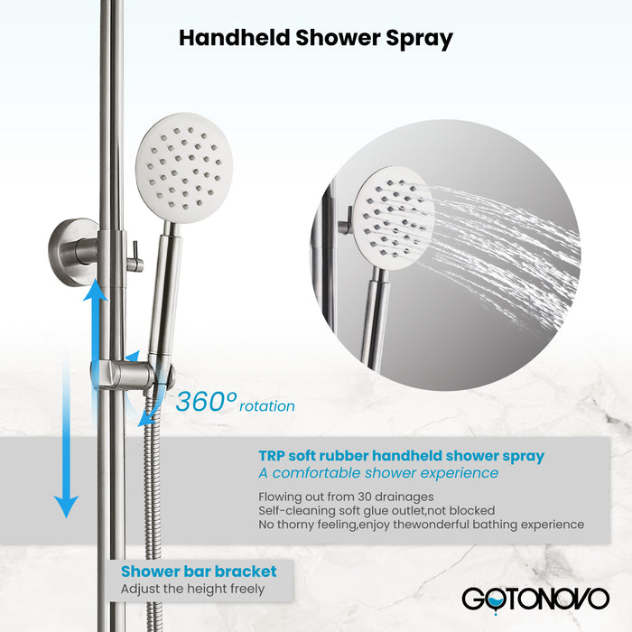 Gotonovo Exposed Shower System Wall Mount 8 inches Stainless Steel SUS304 Shower Head With Adjustable Hand Spray Triple Function Rainfall Shower Faucet Complete Set