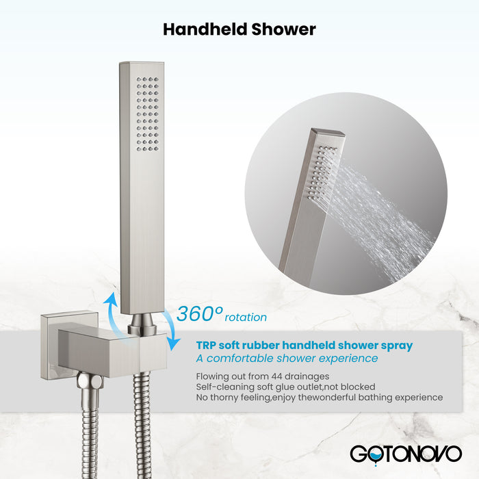 Gotonovo Rain Shower Combo Set Ceiling Mounted Square Rainfall Shower Head with Body Spray Jets and Brass Handshower Pressure Balance Rough-in Valve and Trim Included