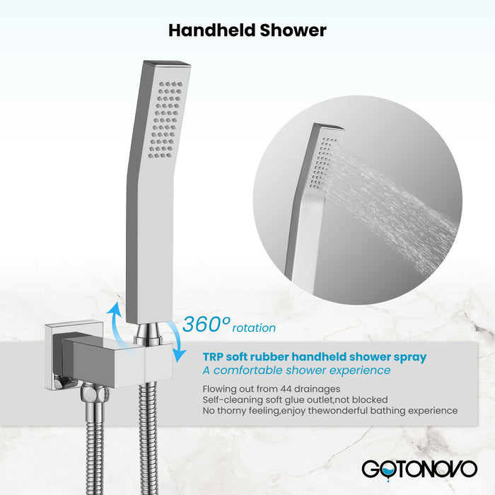 Gotonovo Rain Shower Combo Set Luxury 3-Function with Rotating Tub Spout,Square Rainfall Shower Head and Handheld Spray Rough-in Valve Body and Trim Included