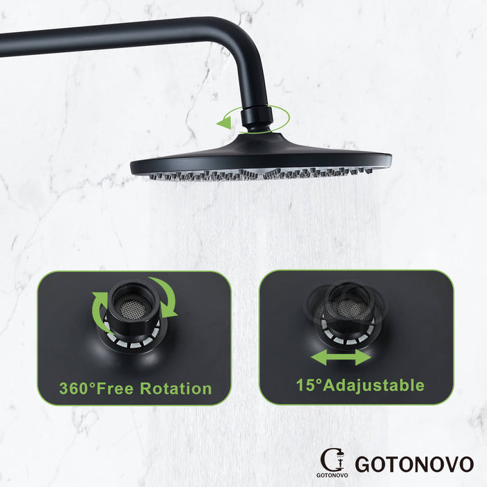 Gotonovo Matte Black Exposed Shower Fixture Combo Set 9 Inch ABS Round Rainfall Showerhead with ABS Handheld Sprayer Wall Mount Shower System Adjustable Slide Bar