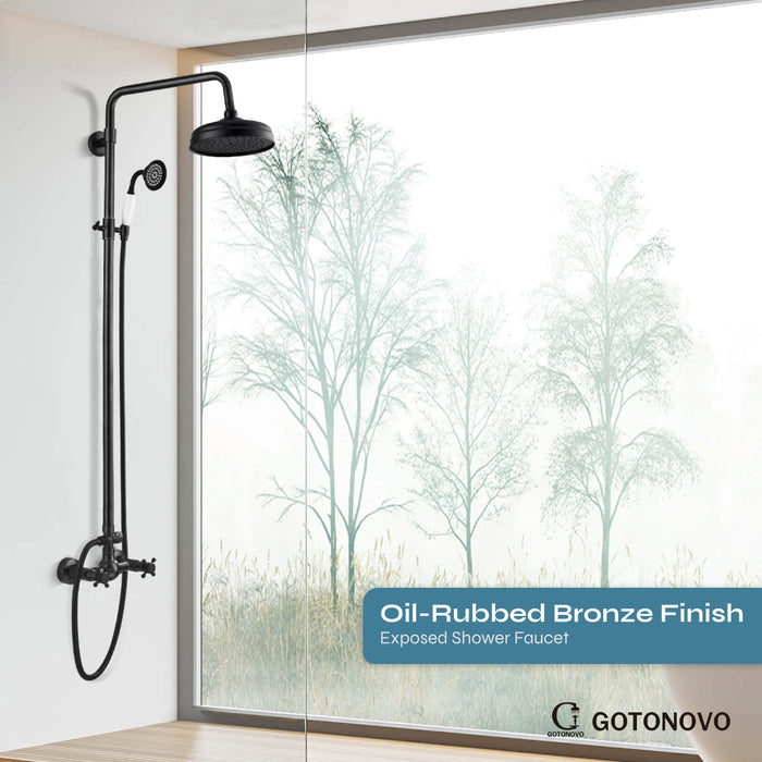 gotonovo Exposed Shower System Combo Set 8inch Rainfall Shower Head and Handheld Spray Double Knobs Cross Handle Dual Function Bathroom Shower Faucet Set