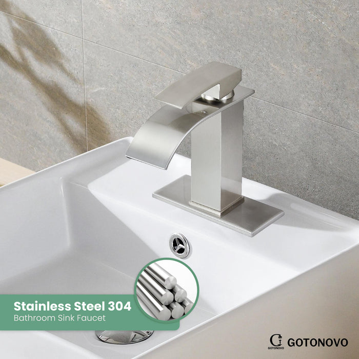 gotonovo Waterfall Bathroom Sink Faucet Deck Mount 304 Stainless Steel 1 Hole Single Handle Hot and Cold Mixer Tap(2 styles-without Pop Up Drain & with Pop Up Drain)