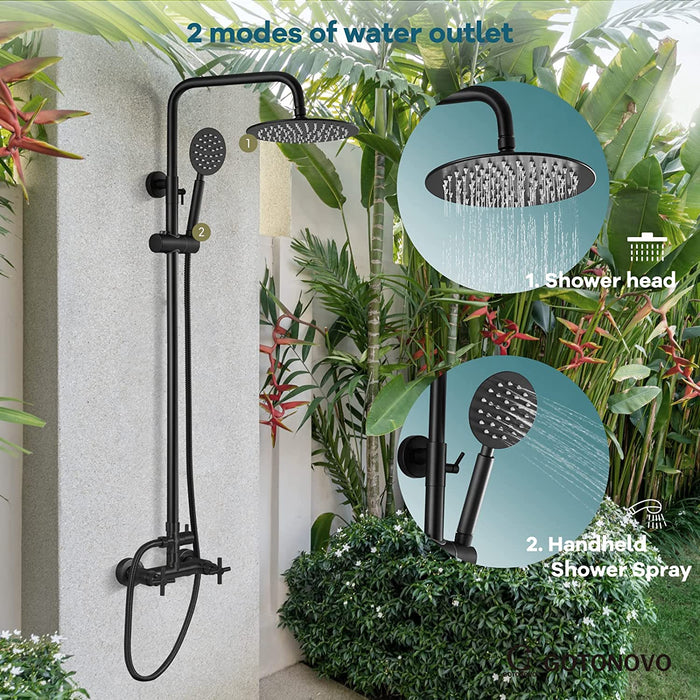 gotonovo SUS304 Outdoor Shower Fixture System Combo Faucet Set Double Cross Handle High Pressure Hand Spray Wall Mount 2 Dual Function Rainfall Shower Fixture