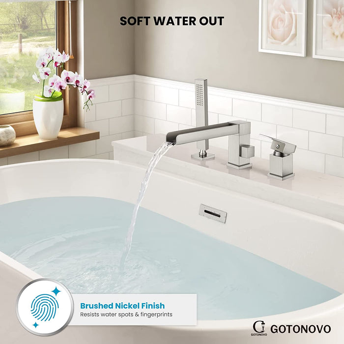 Gotonovo Waterval Romeinse badkuipkraan Tub Filler 3-gats dekmontage Enkele handgreep Wijdverspreide badkuipkraan met handdouche Badkamerkraan