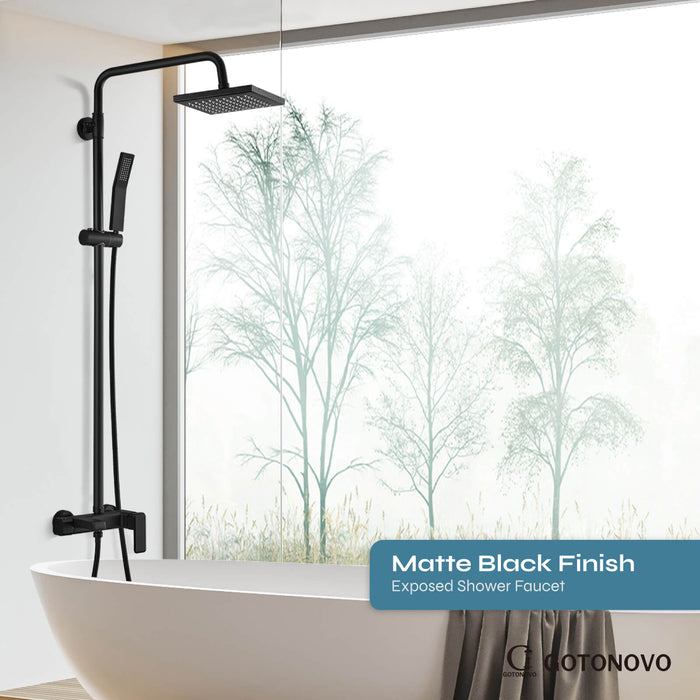 gotonovo Matte Black Exposed Shower Faucet Fixture Set 8inch Rain Shower Single Handle Triple Function Tub Spout Shower Fixture Combo System Unit Set