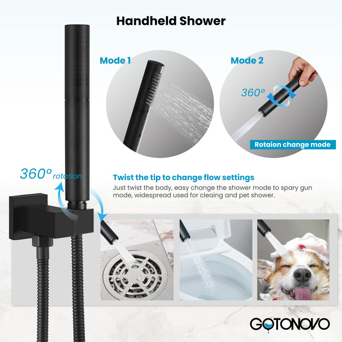 Gotonovo Rain Shower Combo Set Square Shower head SUS304 Stainless Steel Shower Trim Kit 2 in 1 Cylindrical Handheld shower with Rough-in Valve