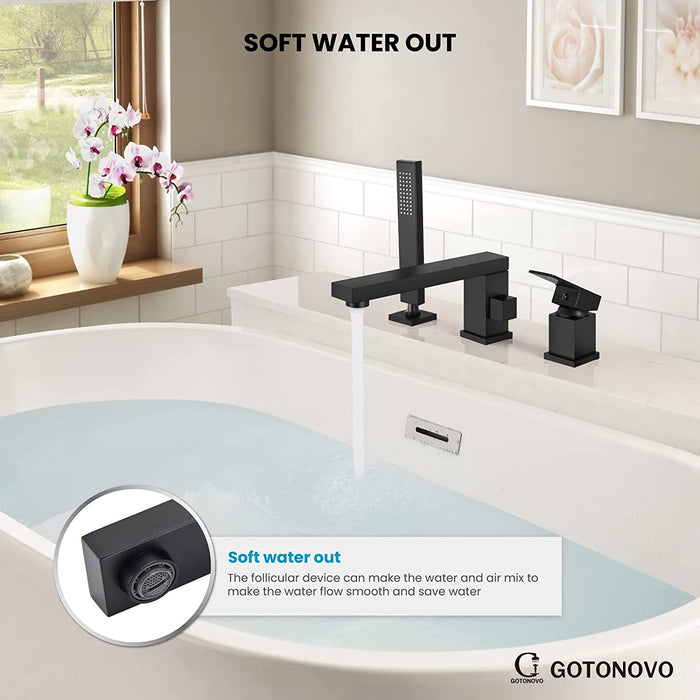 gotonovo Deck Mount Roman Tub Filler Faucet 3-Hole Single Handle Widespread Bathtub Faucet with Handheld Shower Bathroom Tub Faucet Set