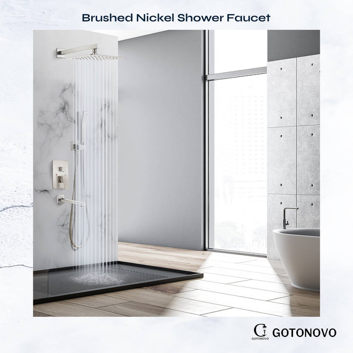 gotonovo Regendouchesysteem met baduitloop Mixer Douchecombinatieset 3 Functies Wandgemonteerde douchekop Handdouche Badkamer Luxe Rain Rough-in ventiellichaam en afwerkingsset 