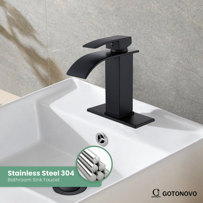 gotonovo Waterfall Bathroom Sink Faucet Deck Mount 304 Stainless Steel 1 Hole Single Handle Hot and Cold Mixer Tap(2 styles-without Pop Up Drain & with Pop Up Drain)