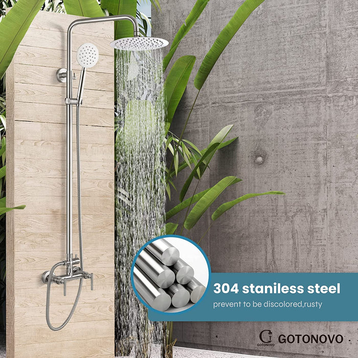 gotonovo Outdoor Shower Fixture System Combo Set Rainfall Lever Handle High Pressure Round Hand Spray Wall Mount Dual Function SUS304