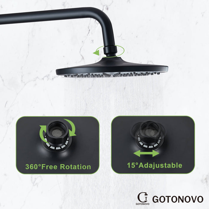 Gotonovo Matte Black Exposed Shower System 8 Inch ABS Round Rainfall Shower Head with ABS Handheld Sprayer Adjustable Slide Bar Hand Spray Wall Mount Set
