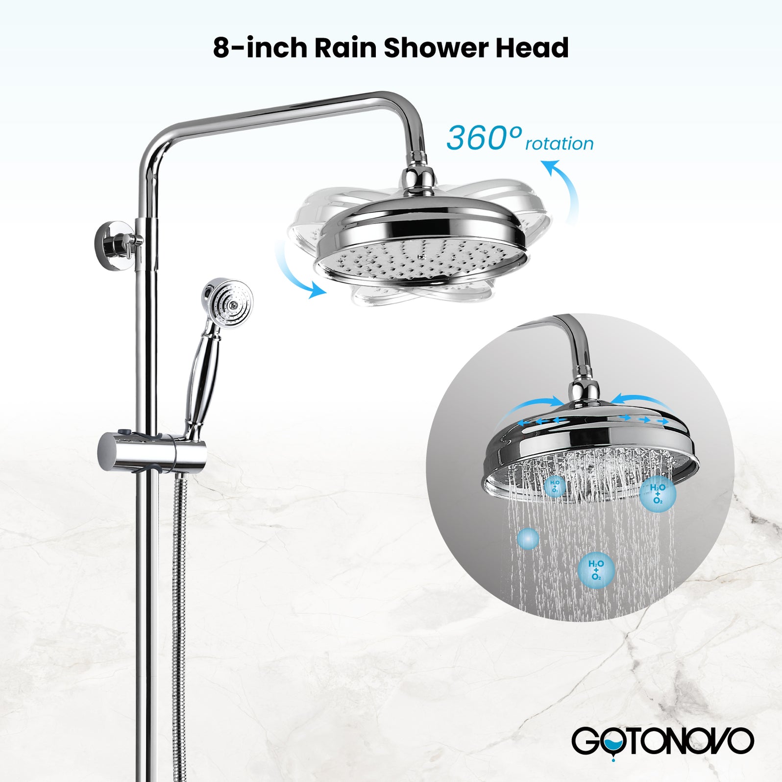 Gotonovo Shower Faucet Set Exposed 8 Rain Shower 2 Double Knobs Handle Brushed Nickel Triple Function Tub Spout Shower Fixture Combo System Unit Set - View #7