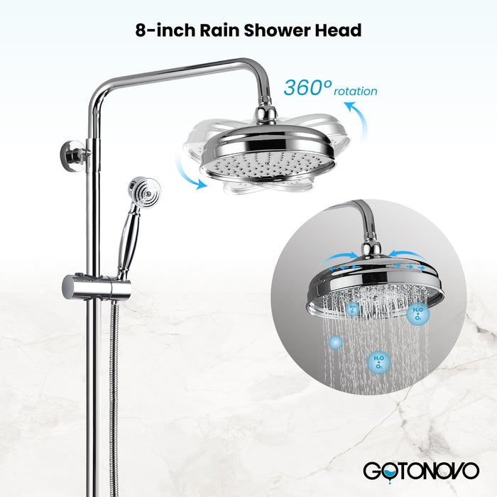 Gotonovo Exposed Shower Fixture 8 Inch Rainfall Shower Head with Handheld Spray Dual Cross Knobs Mixer Bathroom Triple Function Shower Combo Set Wall Mount