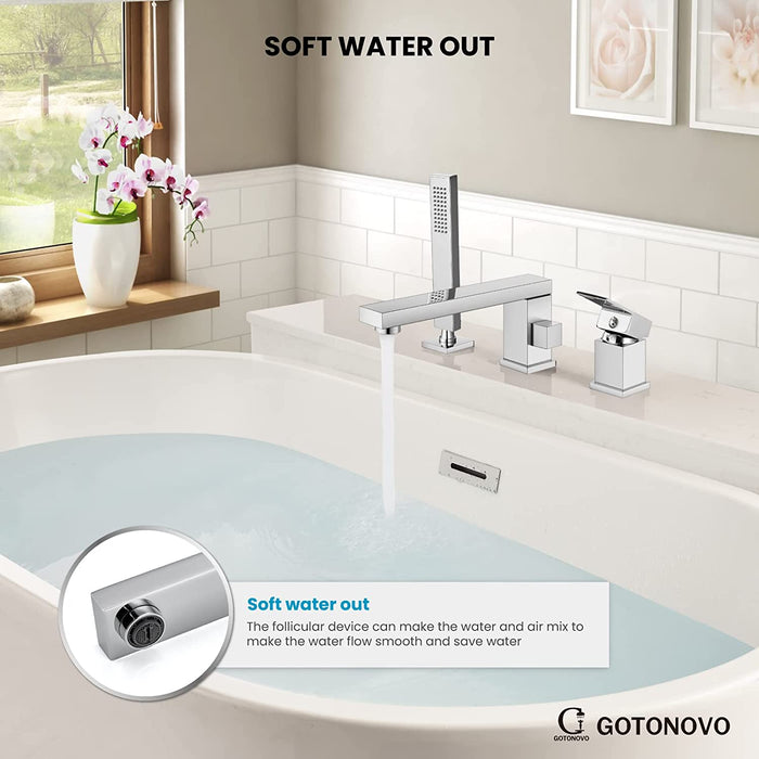 gotonovo Deck Mount Roman Tub Filler Faucet 3-Hole Single Handle Widespread Bathtub Faucet with Handheld Shower Bathroom Tub Faucet Set