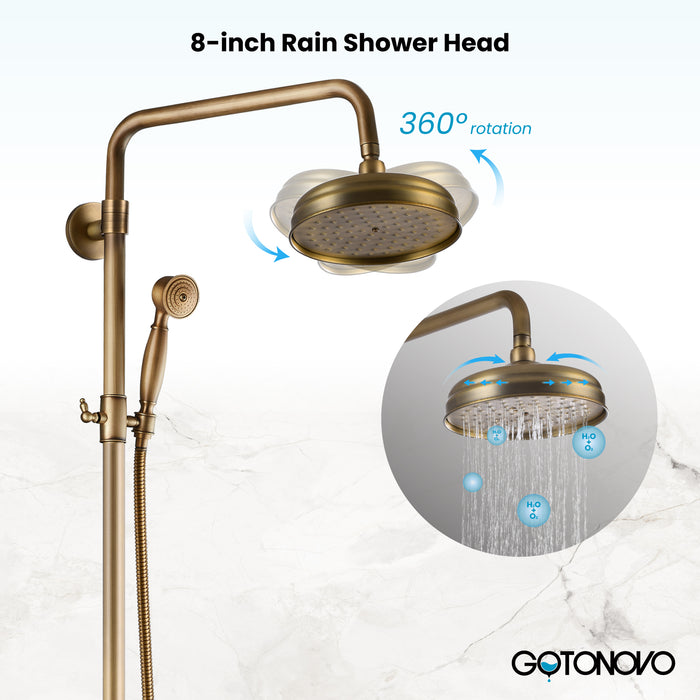 Gotonovo Exposed Shower Fixture 8 Inch Rainfall Shower Head with Handheld Spray Dual Cross Knobs Mixer Bathroom Triple Function Shower Combo Set Wall Mount