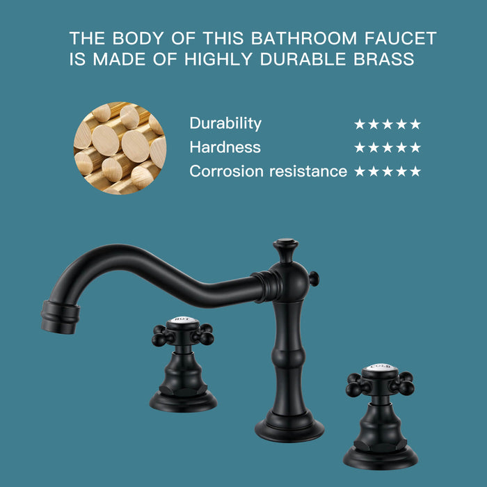 gotonovo Bathroom Sink Faucet Deck Mount Widespread Double Mixing Tap Cross Knobs 3 Hole with Pop Up Drain