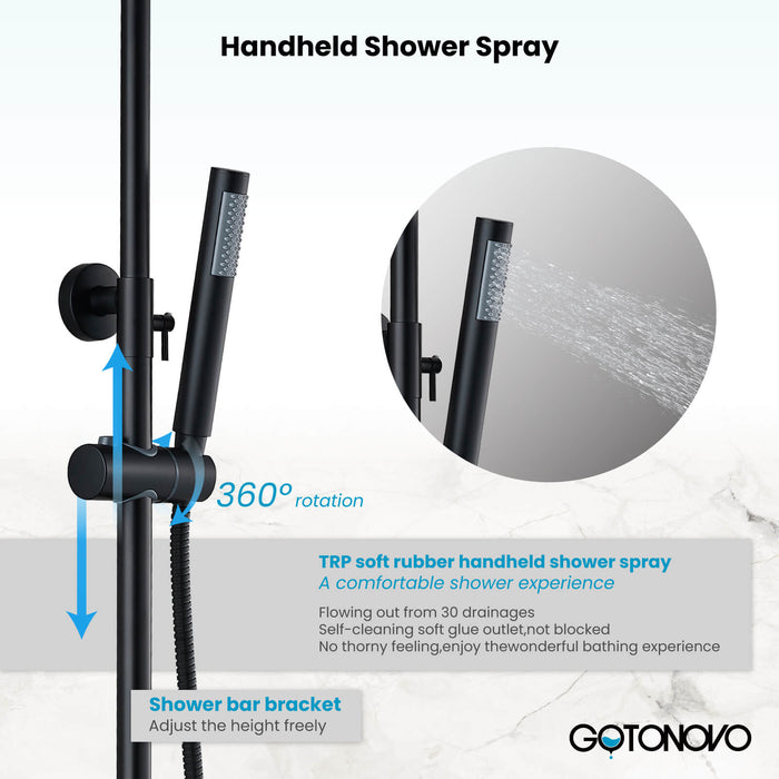 Gotonovo Exposed Shower System 8 Inch Rainfall Shower Head with Cylinder Hand Sprayer and Tub Spout Stainless Steel Bathroom Shower Faucet Fixture Wall Mount Triple Function