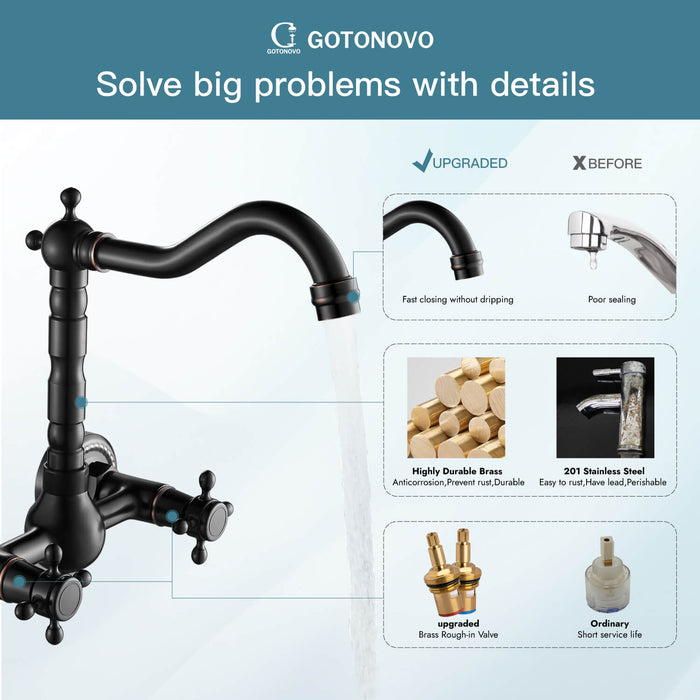 gotonovo Wall Mount Sink Faucet Dual Knobs cross Handle Vintage Kitchen Bathroom Farmhouse Mixer Tap