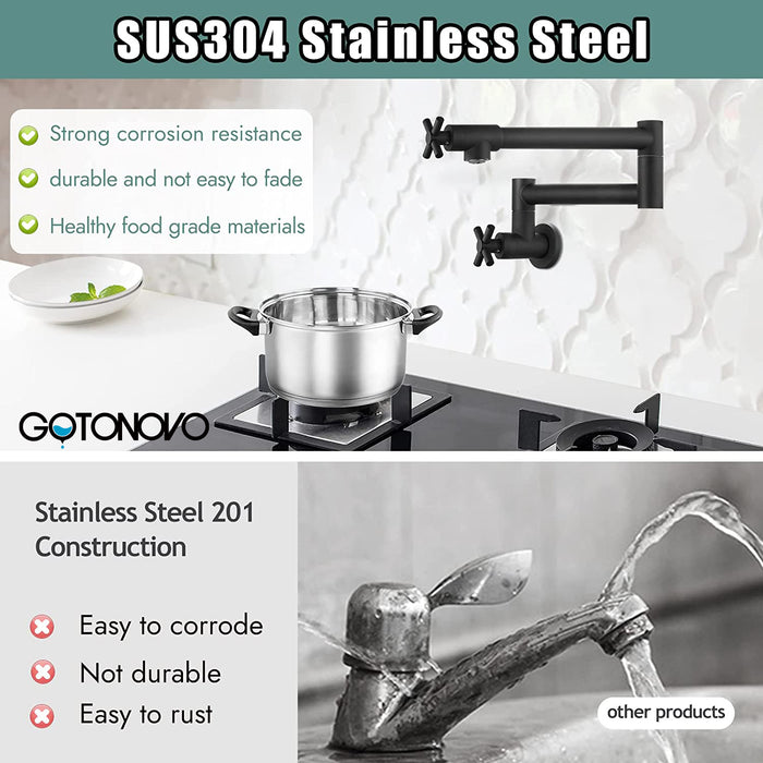 gotonovo Pot Filler Kitchen Faucet Stainless Steel SUS304 Two Cross Handle Single Hole Spout Wall Mounted Stretchable Swing Arm Commercial Kitchen Sink Faucet Control Water