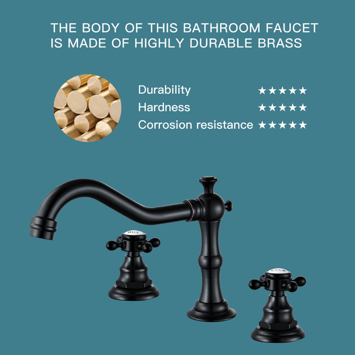 gotonovo Bathroom Sink Faucet Deck Mount Widespread Double Mixing Tap Cross Knobs 3 Hole with Pop Up Drain