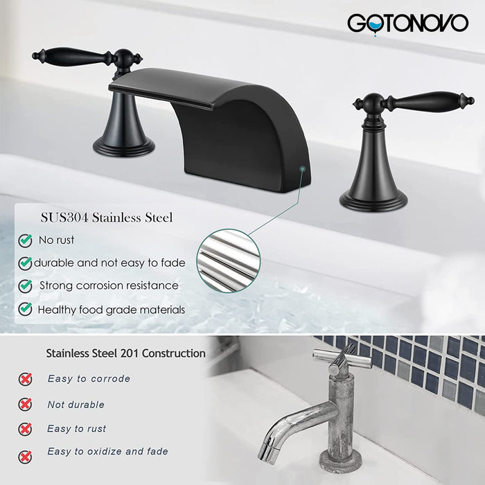 gotonovo Bathroom Widespread Sink Faucet Waterfall Spout 8 16 Inch Dual Handles Three Holes Deck Mount Pop Up Drain with Overflow Bathtub Basin Mixer Tap Commercial