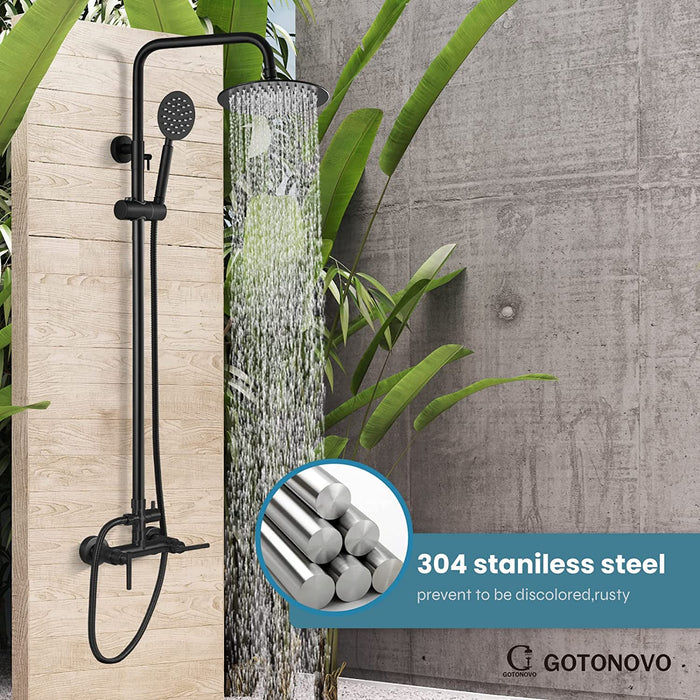 gotonovo Outdoor Shower Fixture System Combo Set Rainfall Lever Handle High Pressure Round Hand Spray Wall Mount Dual Function SUS304