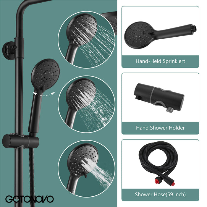 Exposed Bathroom Shower System Faucet Set Matte Black 8 Inch ABS Single 1 Handle ABS Shower Head Handheld Shower Adjustable Slide Bar Hand Spray Tub Spout Wall Mount Complete Set