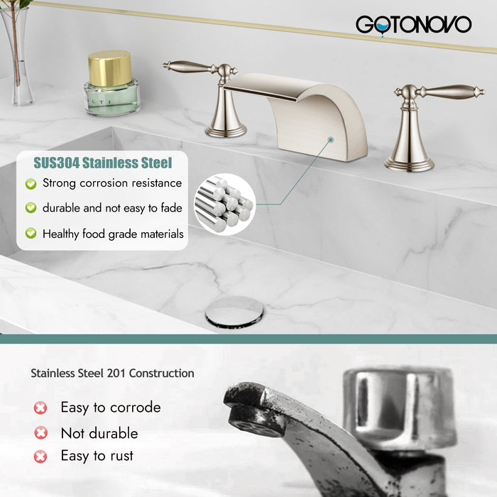 gotonovo Bathroom Widespread Sink Faucet Waterfall Spout 8 16 Inch Dual Handles Three Holes Deck Mount Pop Up Drain with Overflow Bathtub Basin Mixer Tap Commercial