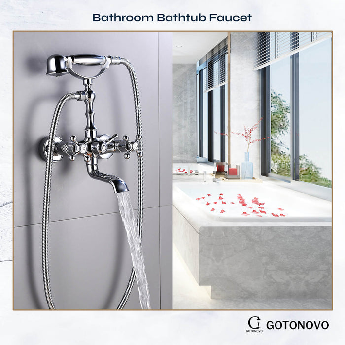 gotonovo Wall Mount Bathroom Bathtub Faucet Set Vintage with Hand Held Shower Spray Double Cross Handle 2 Functions 360 Swivel Mixer Tub Spout