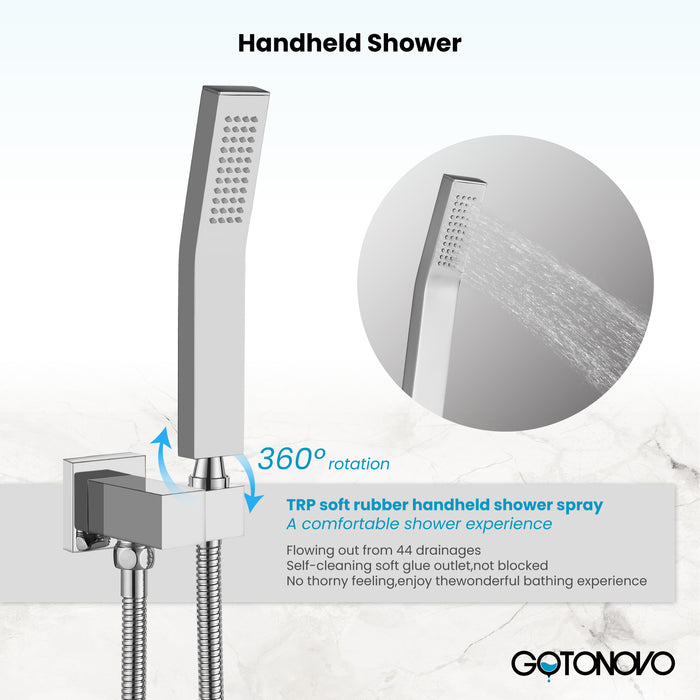 Gotonovo Rain Shower Combo Set with Waterfall Tub Spout Square Rainfall Shower Head with Handheld Spray Pressure Balance Rough-in Valve and Trim Included