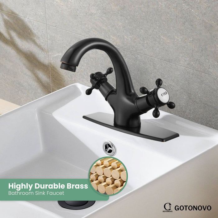 gotonovo Bathroom Sink Faucet with Pop up Drain with Overflow Double Cross Handle Single Hole Deck Mount Vanity Basin Cold Hot Lavatory Mixer Tap