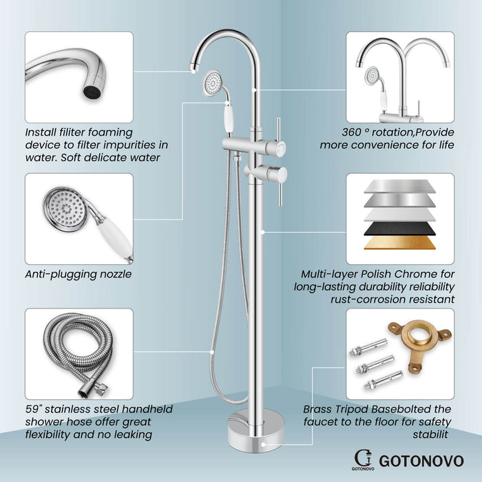 gotonovo Floor Mounted Freestanding Bathtub Filler with High Flow Brass Handheld Spray